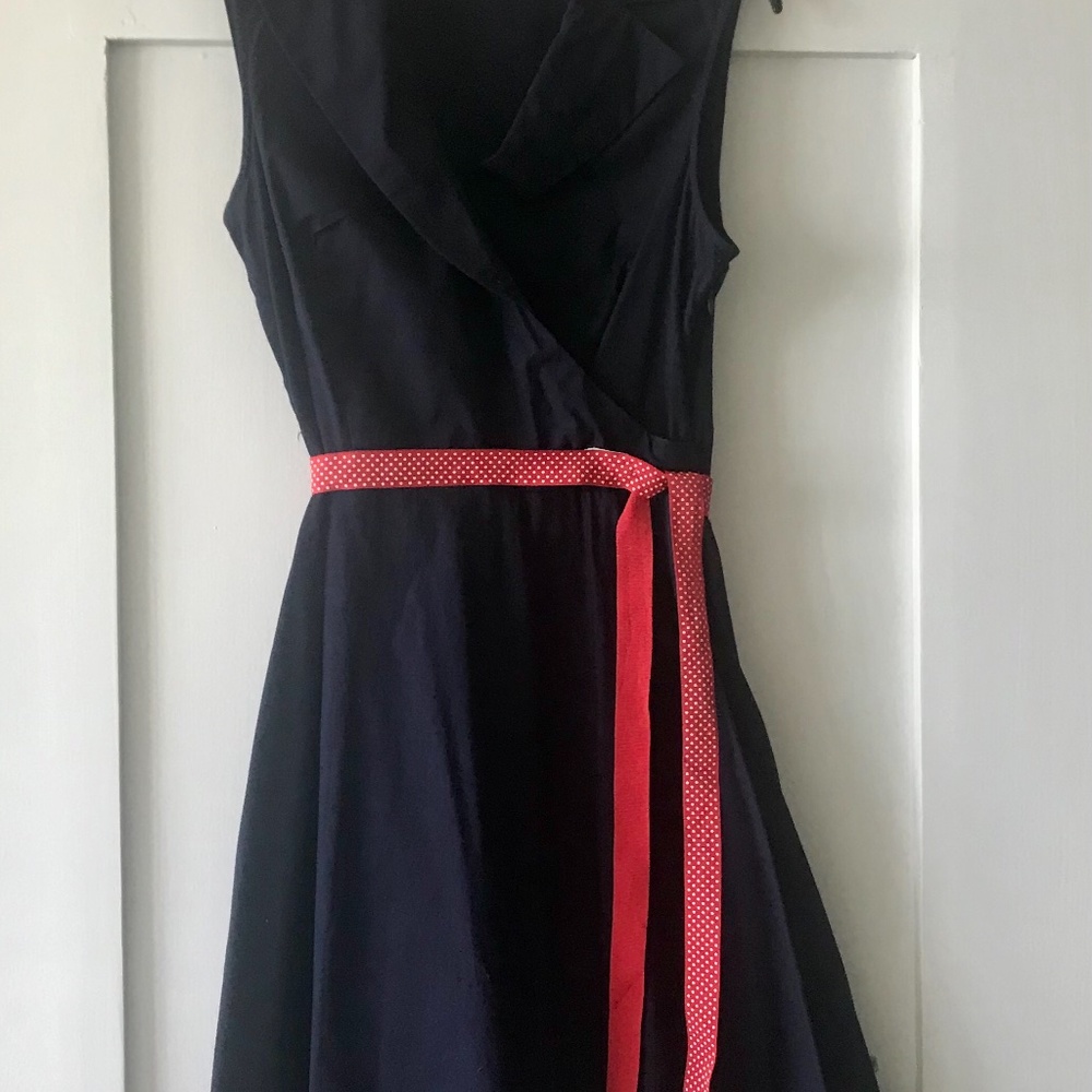 Navy Blue Wrap Style Dress, Cotton, Size Small